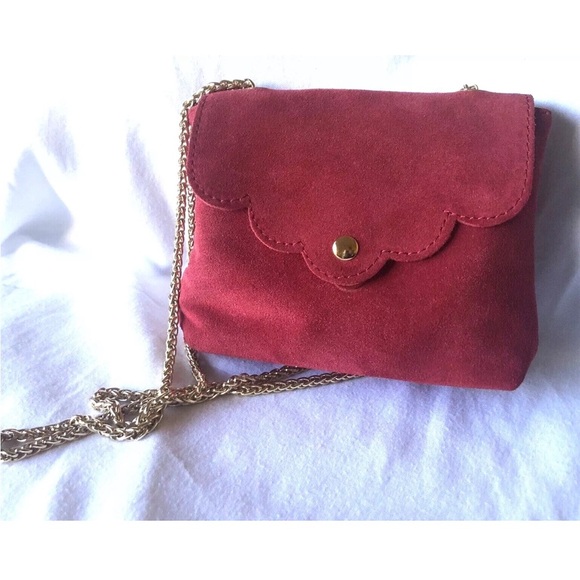 Genuine Suede Shoulder bag Red Scalloped Gold Chain Strap Italy - Picture 14 of 14